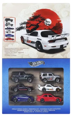 Produktbild von Hot Wheels Die-Cast-Spielzeugautos im Maßstab 1:64, Set aus 6 japanischen Fahrzeugen (Stile können abweichen), Fahrzeug-Set, 3 Jahr(e), Kunststoff, Metall, Mehrfarbig