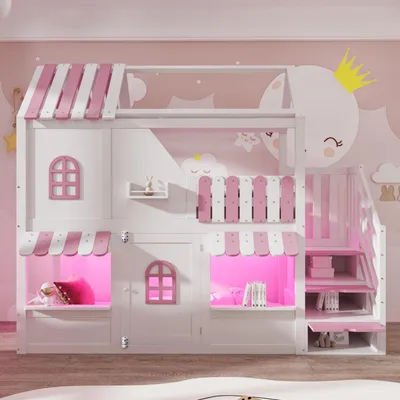 Image de Lit superposé 90x200 cm, lit enfant avec escalier de rangement, blanc/rose
