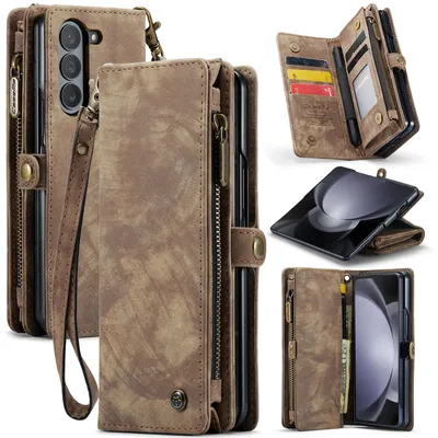 Immagine prodotto di Custodia per Samsung Galaxy Z Fold 5, custodia in pelle vintage multifunzionale con slot per carte e chiusura a zip marrone