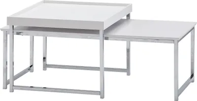 A set of two nesting coffee tables with white tops and chrome metal legs, presented against a white background.