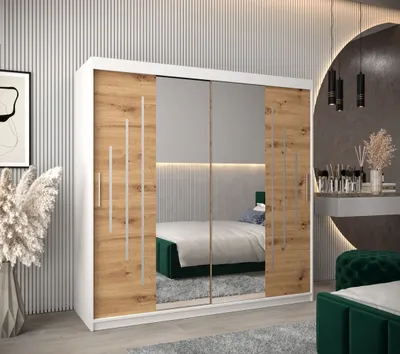 Obrázek produktu pro Šatní skříň se zrcadlem SOFIA - šířka 200 cm, bílá / dub artisan