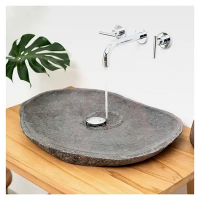 Produktbild von Rundes Waschbecken aus grauem Naturstein, 60 cm, für das Badezimmer