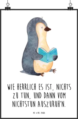 Produktbild von Mr. & Mrs. Panda Bild Pinguin Buch DIN A1 - Weiß - Geschenk, Plakat, Wandbild, Urlaub, drucke, Deko, Ferien, wanddeko
