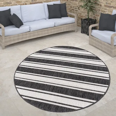 Produktbild von Outdoor Teppich rund Flachgewebe in Sisal-Optik mit Bordüre UV-beständig robust Grösse 120 cm Rund
