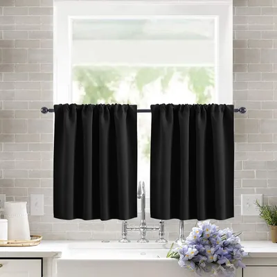 Obrázek produktu pro 2ks Krátké okenní záclony Blackout Curtain pro kuchyňské okno Tepelné poloviční záclony Ošetření oken a kavárna Záclona pro zatemnění místnosti Černá 132x46cm