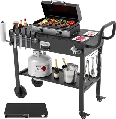 Produktbild von Grillwagen - Grilltisch/Servierwagen - Klappbar - Tischplatte 78,7 x 43,2 cm - Rollen - Magnetische Werkzeugablage - Küchenrollenhalter - Outdoor