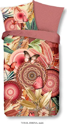 A top-down view of a bedding set with a bohemian-inspired pattern of mandalas, feathers, and butterflies.
