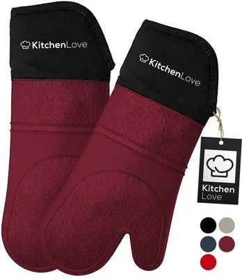 Image de Unyqoos® KitchenLove : Lot de 2 gants de cuisine en silicone – EN407, résistant à la chaleur jusqu'à 350°C, manche long, antidérapant, doublure en coton, couleur bordeaux