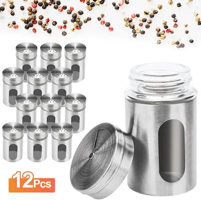 Image de Ikodm - Lot de 12 saupoudreuses et salières - Boîtes à épices en acier inoxydable et verre - Saupoudreuses à poivre et à sel