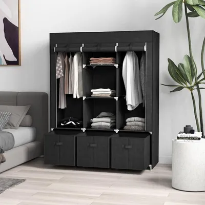 Produktbild von Stoffschrank mit 3 Schubladen & 2 Kleiderstangen, 125x162,5x43 cm, Faltschrank Kleiderschrank aus Vliesstoff mit Reißverschluss, Stabil, Schwarz