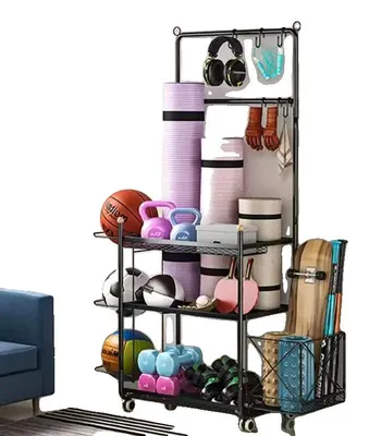 Image de Étagère de rangement, en acier, 94,5 cm x 38 cm x 149 cm, adaptée à divers appareils de fitness, conception à plusieurs niveaux, avec crochets et paniers