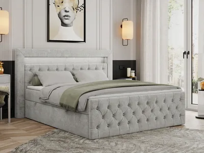 Produktbild von Boxspringbett 180x200 mit Led, Polsterbett 180x200 mit LED Kopfteil - Multipocket-Matratze H3 - Doppelbett mit Bettkasten Stauraumbet - GOLD-9 - 180x200cm - Strukture - Hellgrau - H3