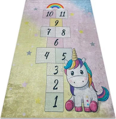 Zdjęcie produktu dla Dywan do prania BAMBINO 54060 Jednorożec, klasy dla dzieci, antypoślizgowy - różowy / żółty wielokolorowy 80x150 cm