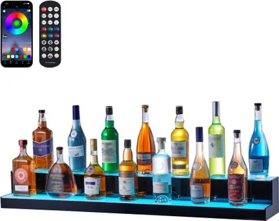 Image de Casier à vin de bar avec éclairage LED - montage mural - 2 niveaux - 121 cm - Idéal pour les présentoirs et les collections de vin