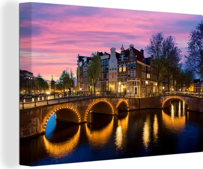 Produktbild von OneMillionCanvasses® - Leinwandbilder - 140x90 cm, Amsterdam - Nacht - Gracht, Wandbilder Kunstdruck Wanddekoration