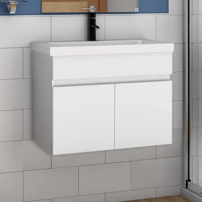 Produktbild von Waschtisch mit Unterschrank 60 cm Badmöbel Set mit Waschbecken Mineralguss Gäste WC Weiß Matt