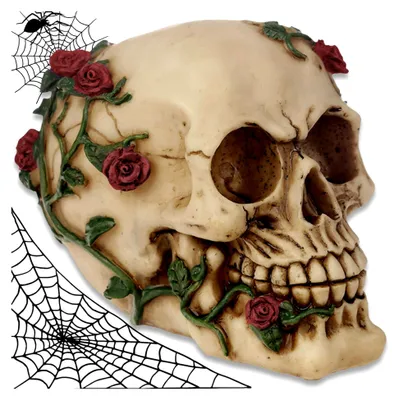 Produktbild von Deko-Totenkopf ''Rosenkopf'' - rote Rosen - Totenschädel Figur