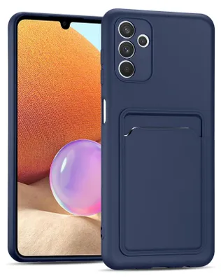 A blue phone case with a card slot is shown on a white background.