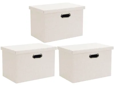 Produktbild von Aufbewahrungsbox mit Deckel, faltbar, beige, groß (44 x 31 x 29 cm), 3 Stück