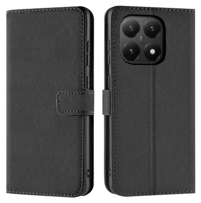 A black flip case for a smartphone is shown from two angles.