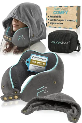 Immagine prodotto di FLOWZOOM COMFY Cuscino da viaggio con cappuccio, memory foam, grigio
