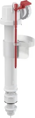 A white toilet fill valve with red accents, isolated on a white background.