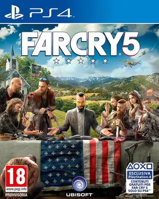 The cover art for Far Cry 5 on PlayStation 4, featuring the main characters gathered around a table with an American flag tablecloth.