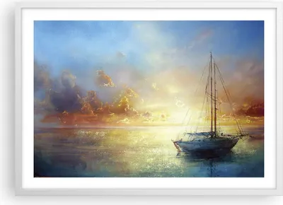 Produktbild von Gerahmtes Poster - Weißer Rahmen - Segelboot Westen die Sonne - 70x50 cm - Wand Bild - Wanddeko - Wandbilder - Wandposter - Bilderrahmen - Bilder - Kunstdruck - Wandbild - P2WAA70x50-4145