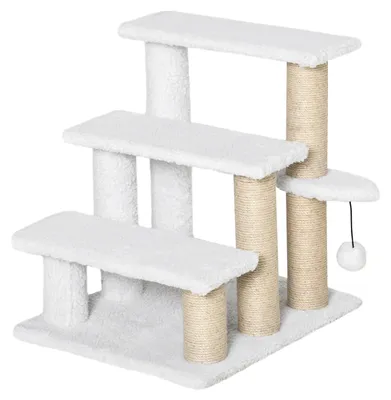 Produktbild von Katzentreppe & Hundetreppe - 3-stufige Haustiertreppe - Kratzsäulen & Spielball - Plüsch & Jute - 45 x 40 cm - Armeegrün