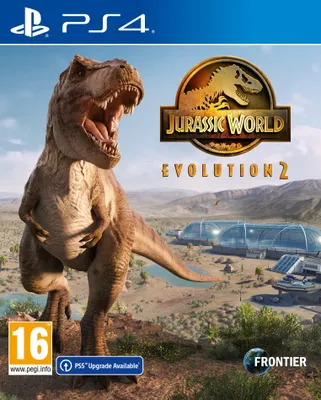 Cover art for a video game featuring a Tyrannosaurus Rex in a prehistoric landscape with futuristic enclosures.