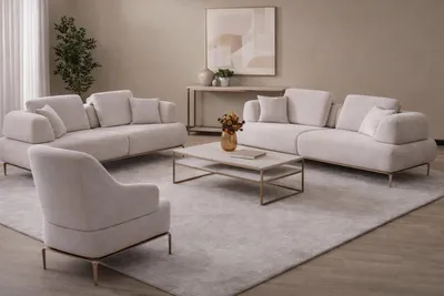Produktbild von Beige Sofaset mit 2 Sofas und 1 Sessel, Elegante Goldene Metallbeine