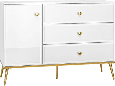 Produktbild von Kommode Sideboard in weiß Hochglanz mit goldfarbenen Griffen und Füßen GUBIN-131, B/H/T: ca. 120/85/40 cm