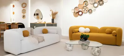Produktbild von Wohnzimmer Sofa Set Designer Weißes Polstersofa Orange Stoffcouch