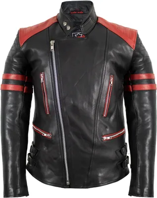 Produktbild von Retro Motorrad Lederjacke 80´s oldschool in schwarz / rot Protektoren Rocker (2XL)