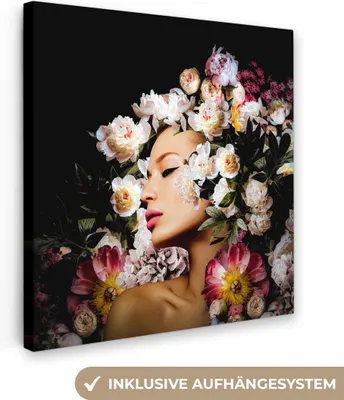 Produktbild von MuchoWow® - Leinwandbilder - Frauen - Blumen - Rosen - Porträt, Wandbild, Wanddeko Bilder Wohnzimmer, 90x90 cm
