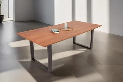 Produktbild von Esstisch 200x100 cm Porto, Akazienholz massiv + nussbaumfarben, Esszimmertisch mit gerader Kante, Holztisch mit schwarzem U-Gestell, Industrial-Design, Tischplatte 26 mm