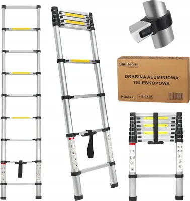 Zdjęcie produktu dla KRAFT&DELE | Aluminiowa drabina teleskopowa, 2,6 m, lekka drabina wysuwana, drabina wysuwana, drabina składana do loftów, przyczep kempingowych, nośność 150 kg, srebrna