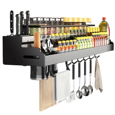 Produktbild von Gewürzregal Wand Gewürz Ohne Bohren Hängend GewürzregaleKüchenregal Küchenregal Wand für Gewürze 40cm Tragfähigkeit 100 kg, mit 12 Haken und 2 Utensil