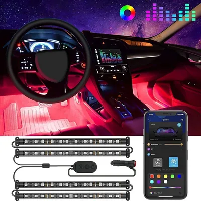 Productafbeelding van RGB LED interieurverlichting auto, set van 4, 48 LED-strips, waterdicht, bedienbaar via app, muziekgestuurd, 12V