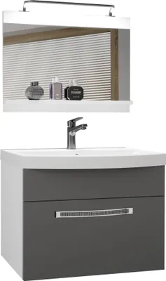 Produktbild von BELINI Badmöbel Vollausstattung Set Waschbeckenschrank, Waschbecken, Spiegel, Lampe, (Grau, Matt)