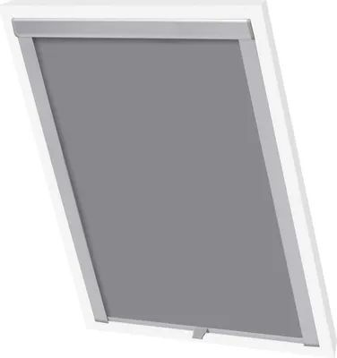 A gray roller blind installed in a white window frame, angled to show the product.