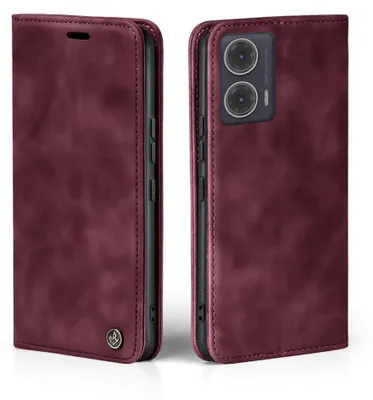 A burgundy flip case for a smartphone is shown from two angles, open and closed.
