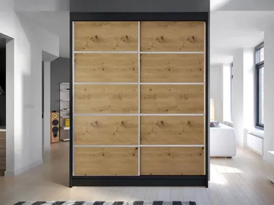 Obrázok produktu pre Šatníková skriňa s posuvnými dverami 150 cm PIRITU 4 - dub artisan / čierna