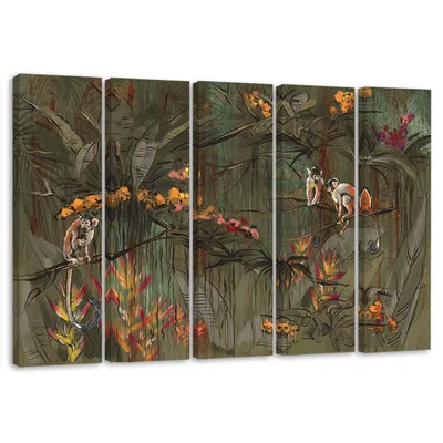 Produktbild von 5-teiliges leinwandbild dschungel-affen 150x100 cm Feeby grün wandbild bereit zum aufhängen