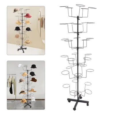 A black metal hat stand with multiple tiers and holders for hats.