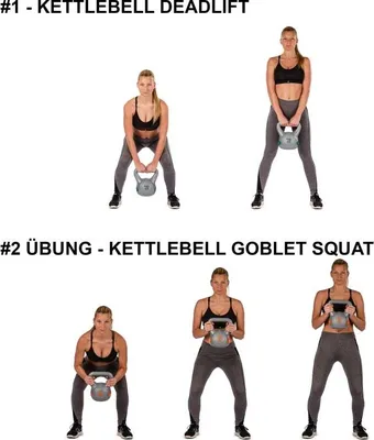 Instructional images showing two different kettlebell exercises: Kettlebell Deadlift and Kettlebell Goblet Squat.