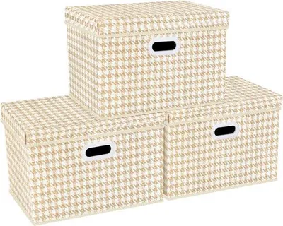 Obrázek produktu pro Skládací úložné boxy s látkovým víkem, béžové, sada 3 ks