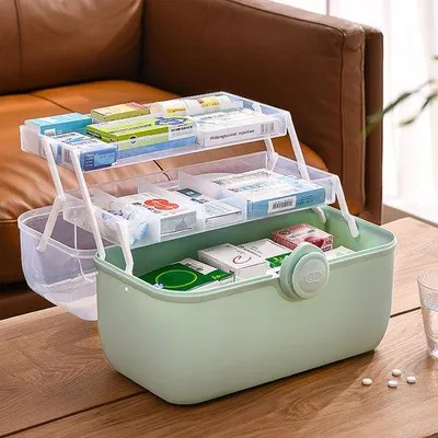 Produktbild von Famanu Aufbewahrungsbox für Medizinschrank - 3-lagig, Kunststoff, mit Fächern und Schloss, transparent