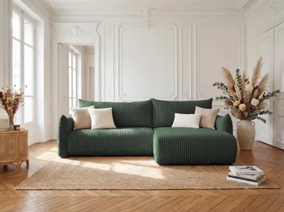 Productafbeelding van Eckbank met slaapfunctie, model MAILAND, bekleed met stof Tilia, kleur groen, met ottoman aan de rechterkant