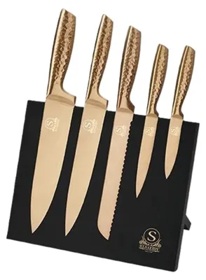 Produktbild von Messer-Set mit ergonomischem Griff - 6-teilig mit magnetischem Messerblock - Rosegold